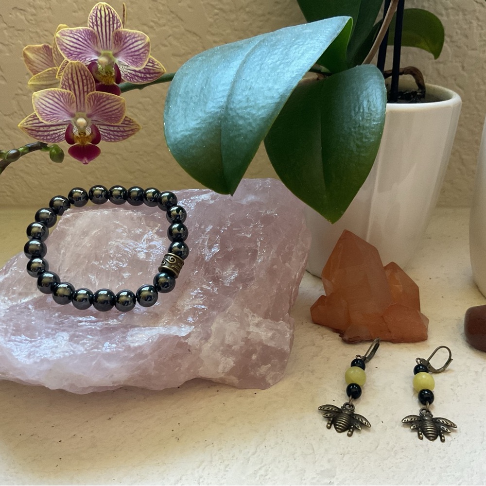 Genuine Hematite Beaded Bracelet and Brass Bee Earrings Set